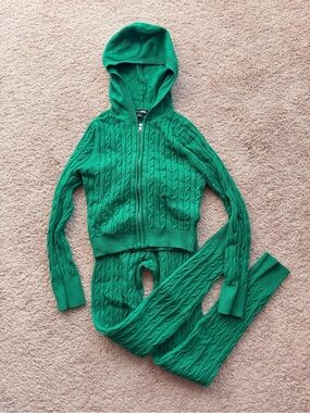 Fashion Nova Cable Knit Zip Up Hoodie & Pants Set - Green
